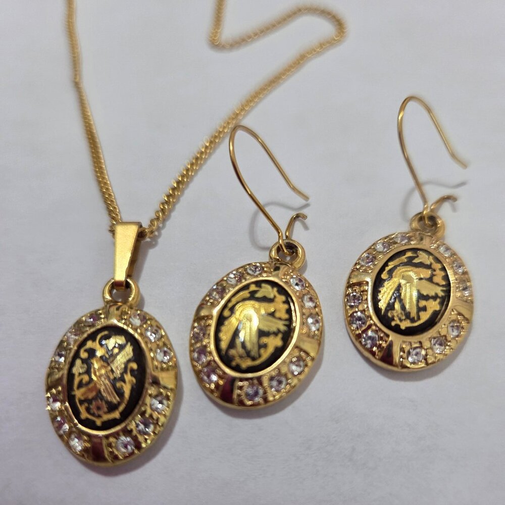 24K  Authentic Damasquinado Toledo Spain  Necklace & Earrings Set